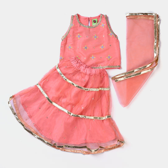 Infant Girls Raw Silk 3PCs Suit Mena | Peach