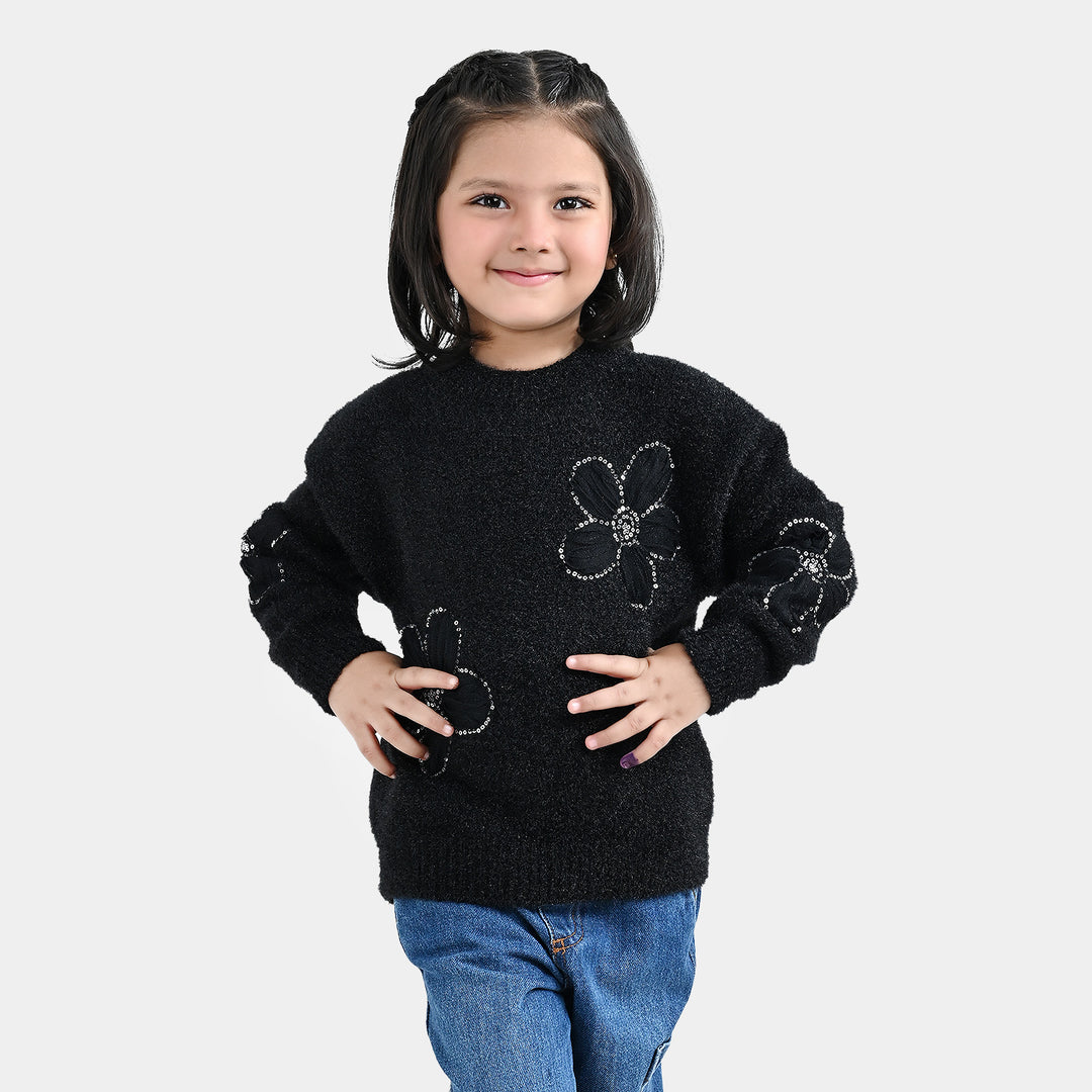 Girls Feather Acrylic Sweater Floral Sequence - Black