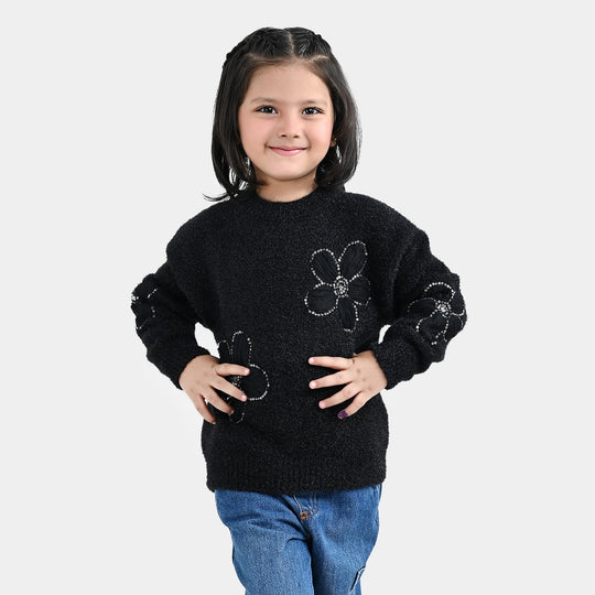 Girls Feather Acrylic Sweater Floral Sequence - Black