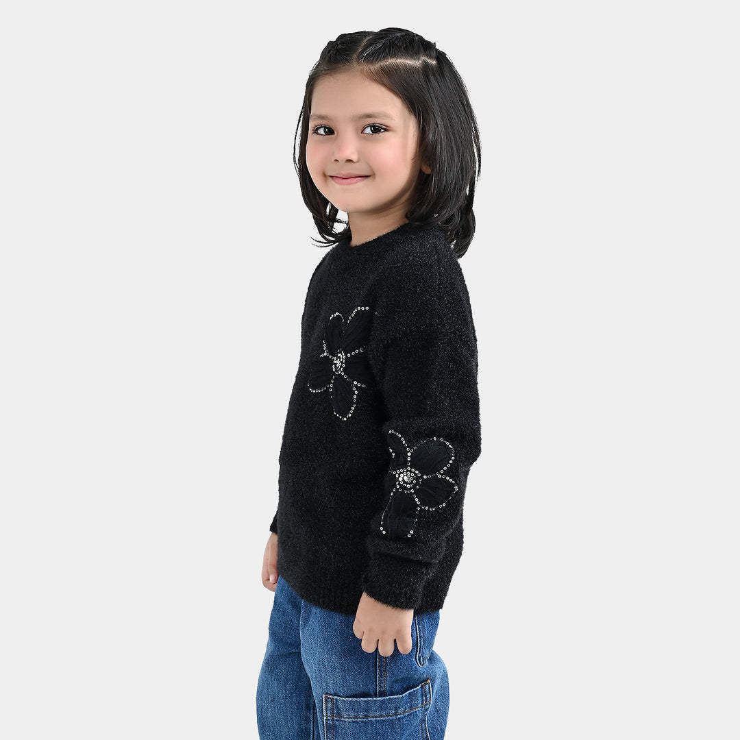 Girls Feather Acrylic Sweater Floral Sequence - Black