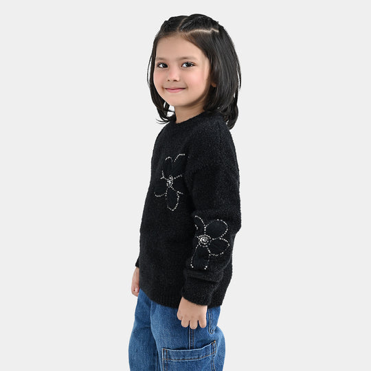 Girls Feather Acrylic Sweater Floral Sequence - Black