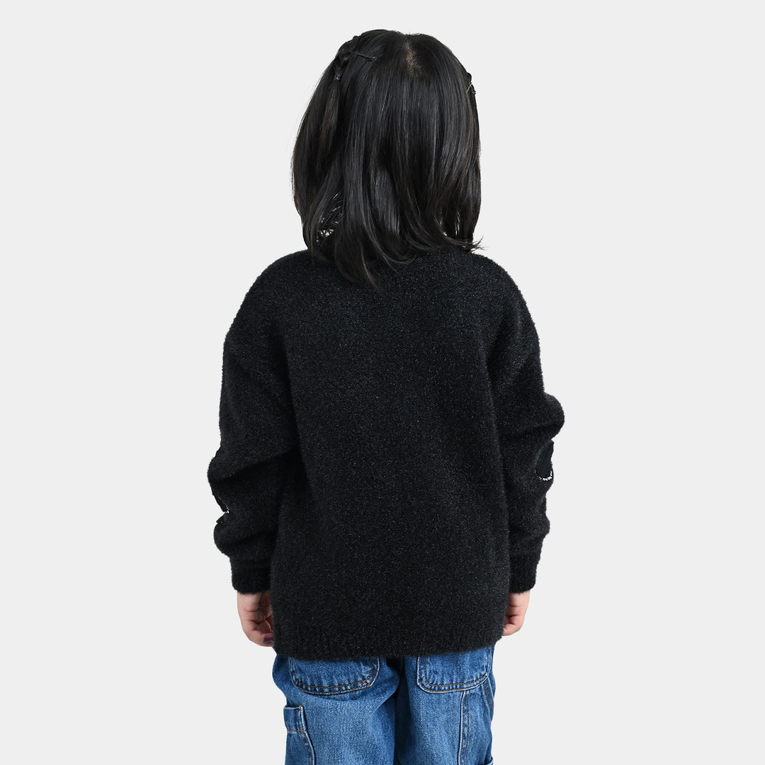 Girls Feather Acrylic Sweater Floral Sequence - Black