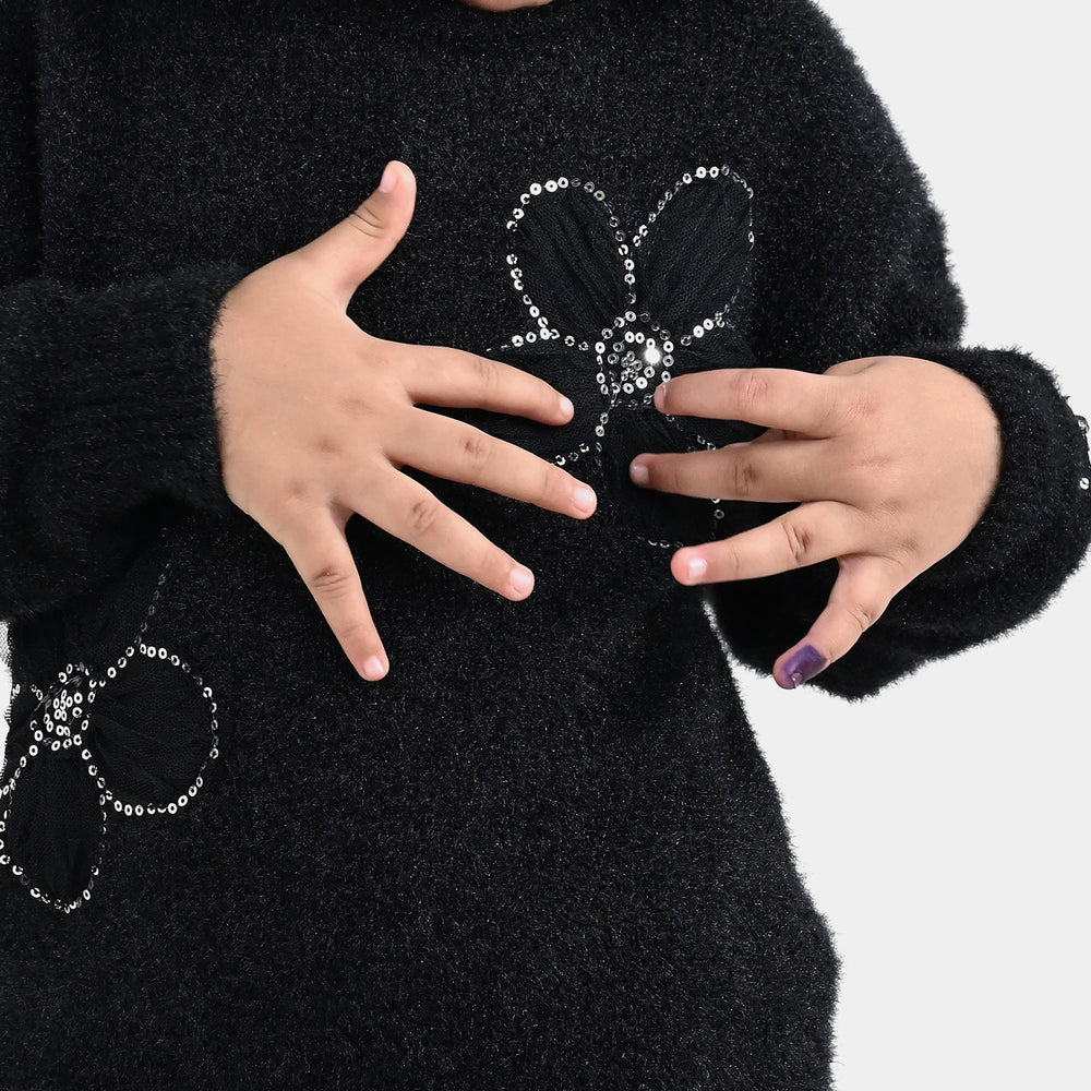 Girls Feather Acrylic Sweater Floral Sequence - Black