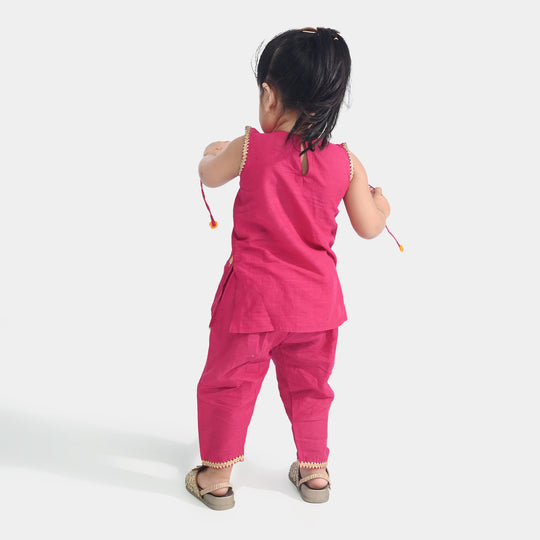 Infant Girls Cotton Slub Emb 2Pcs Magenta-Bright Pink