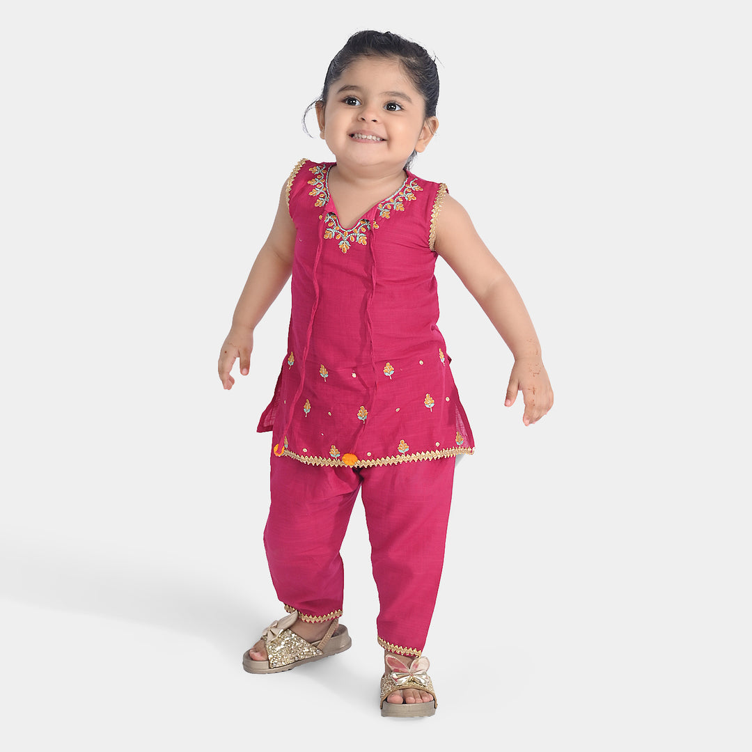 Infant Girls Cotton Slub Emb 2Pcs Magenta-Bright Pink