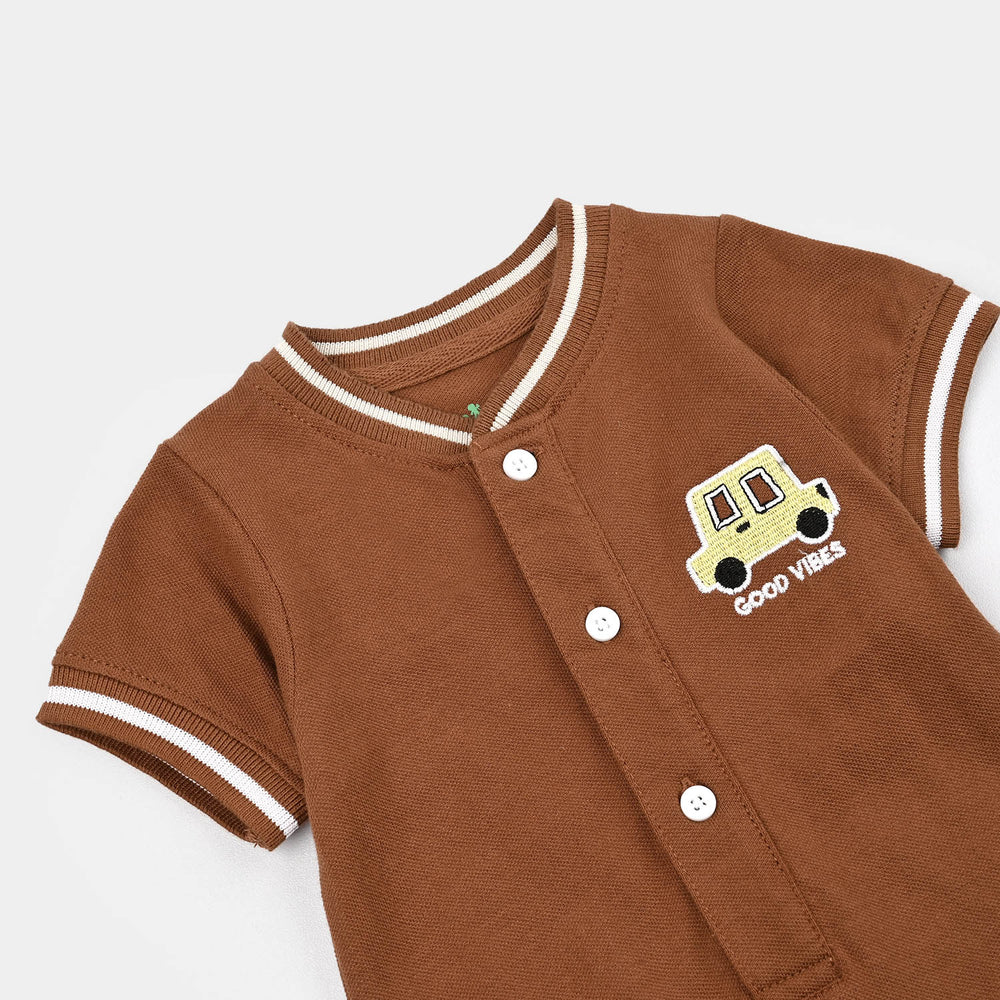 Infant Boys Cotton PK Romper Good Vibes-Brown