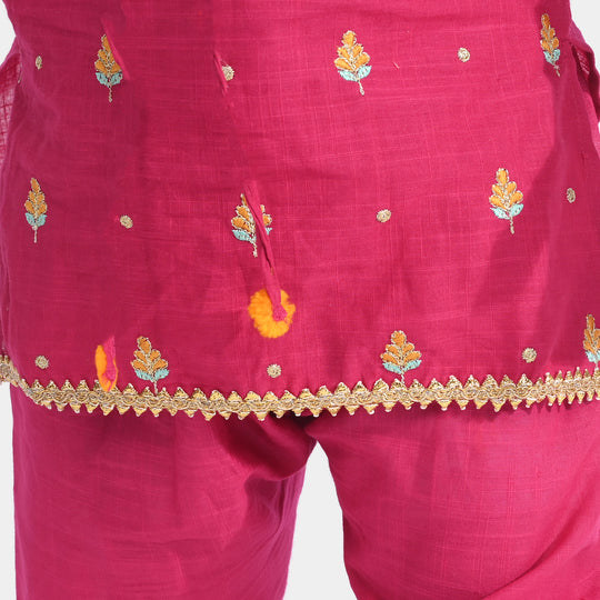 Infant Girls Cotton Slub Emb 2Pcs Magenta-Bright Pink