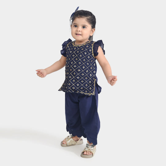 Infant Girls poly cambric Fancy 2 Pcs Chamakte Sitare-Navy Blue