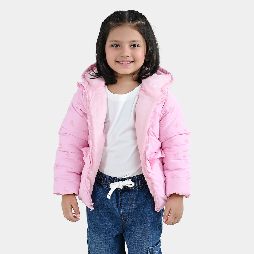 Girls Polyester Quilted Jacket Bow Repeat - PINK
