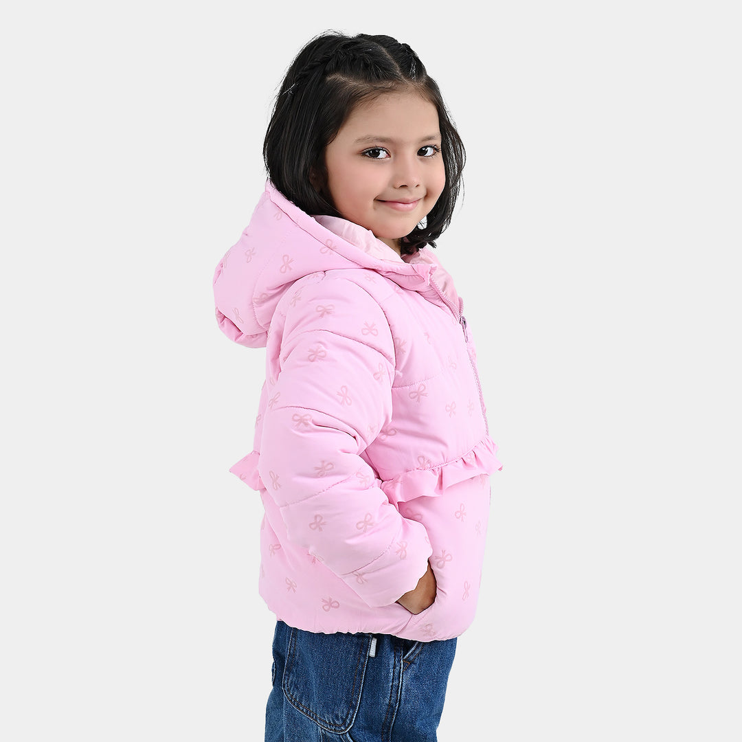 Girls Polyester Quilted Jacket Bow Repeat - PINK