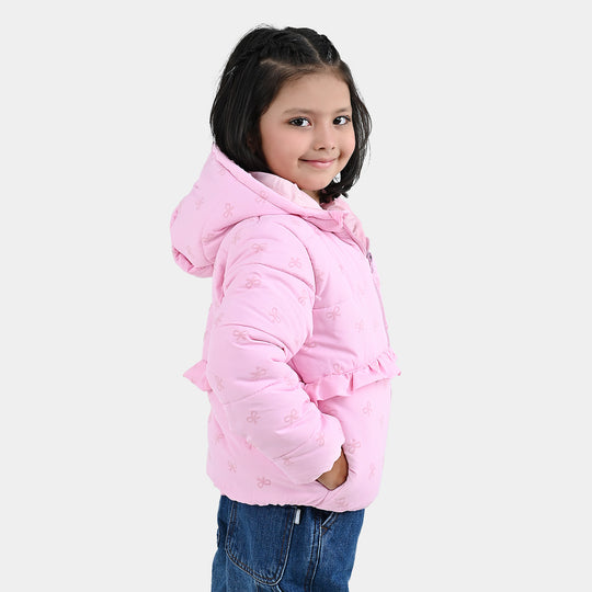 Girls Polyester Quilted Jacket Bow Repeat - PINK