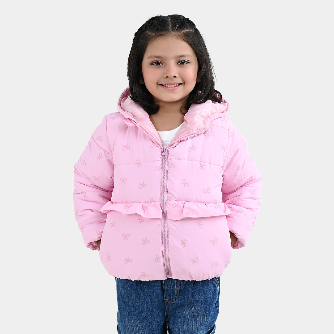 Girls Polyester Quilted Jacket Bow Repeat - PINK