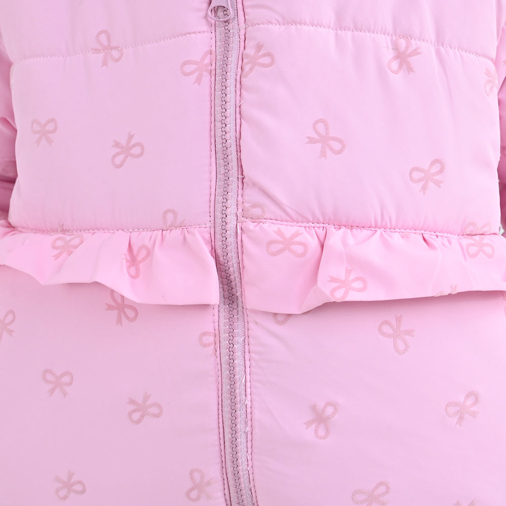 Girls Polyester Quilted Jacket Bow Repeat - PINK