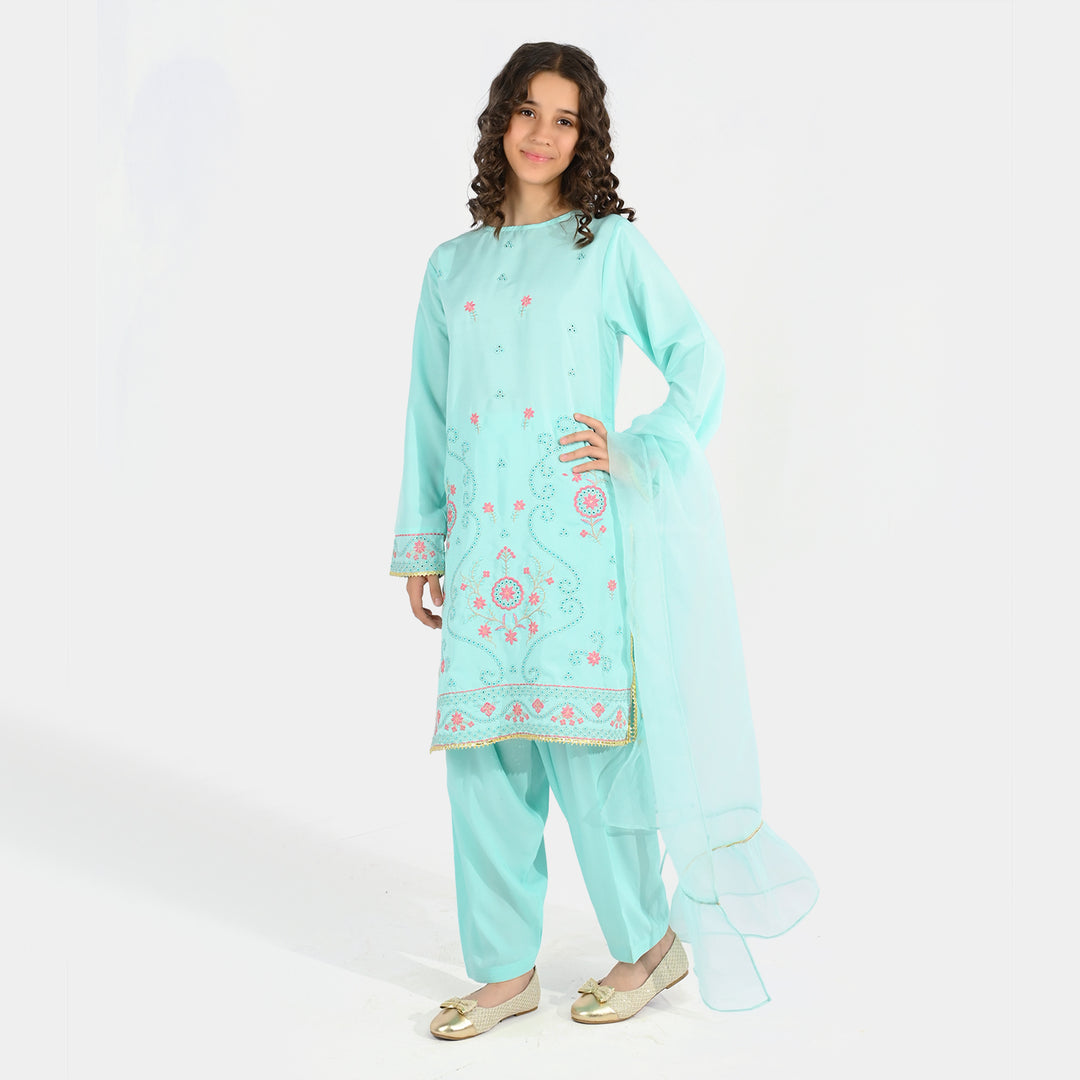 Girls Poly Cambric 3-Piece Ghazal Set - Mint Green