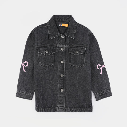 Girls Denim Stretch Jacket Bow-GREY
