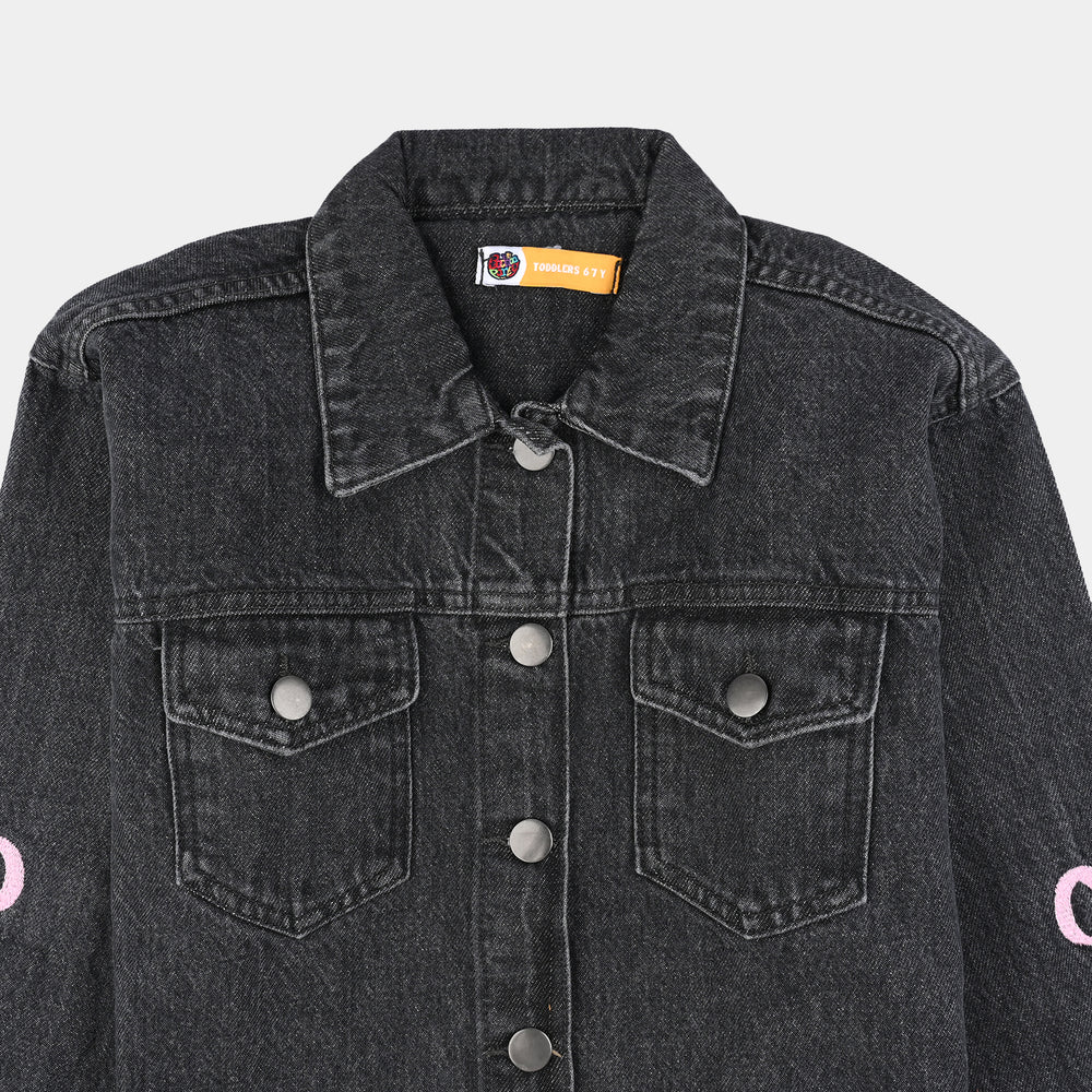 Girls Denim Stretch Jacket Bow-GREY