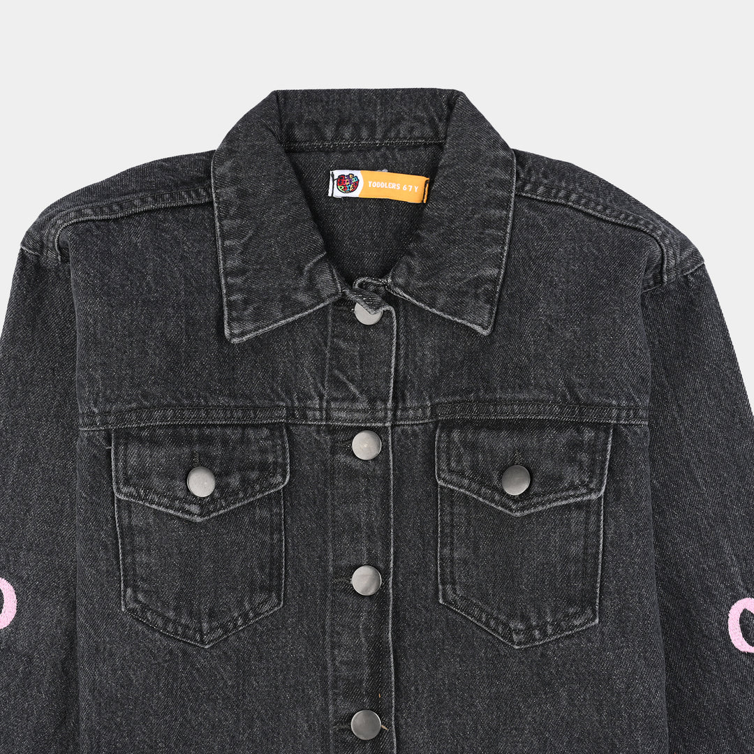 Girls Denim Stretch Jacket Bow-GREY
