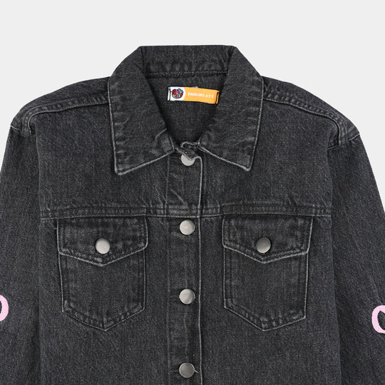 Girls Denim Stretch Jacket Bow-GREY