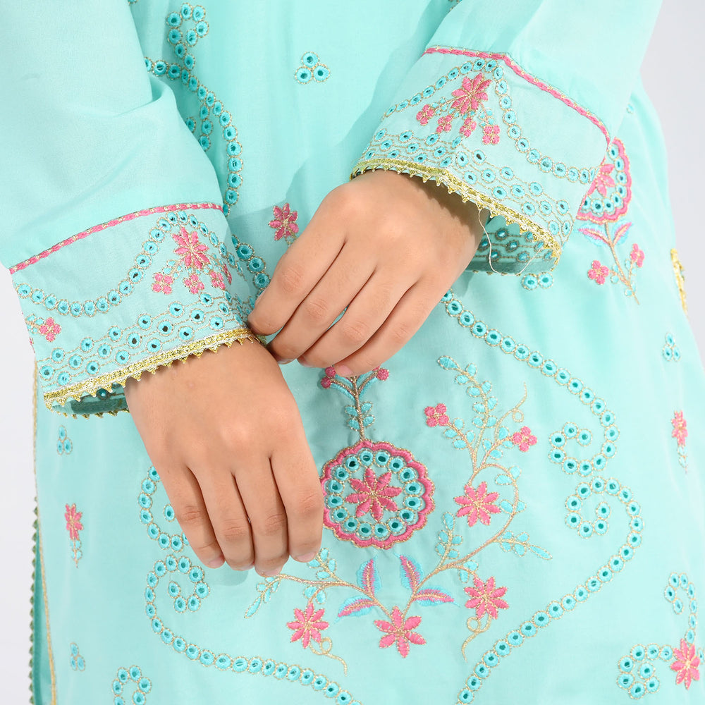 Girls Poly Cambric 3-Piece Ghazal Set - Mint Green