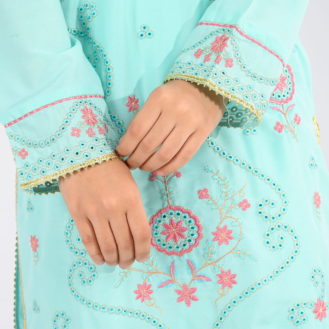 Girls Poly Cambric 3-Piece Ghazal Set - Mint Green