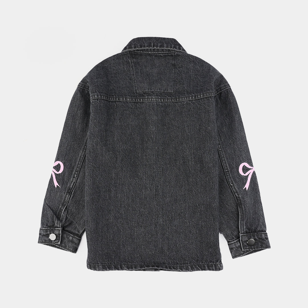 Girls Denim Stretch Jacket Bow-GREY