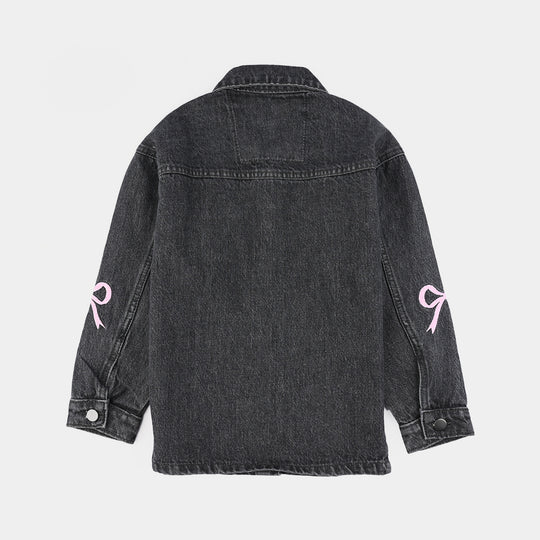 Girls Denim Stretch Jacket Bow-GREY