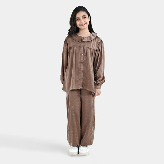 Girls Poly Viscose Co-Ord Set Brownie-BROWN