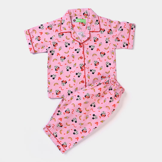 Infant Girls Cotton Woven Night Suit Character-Pink