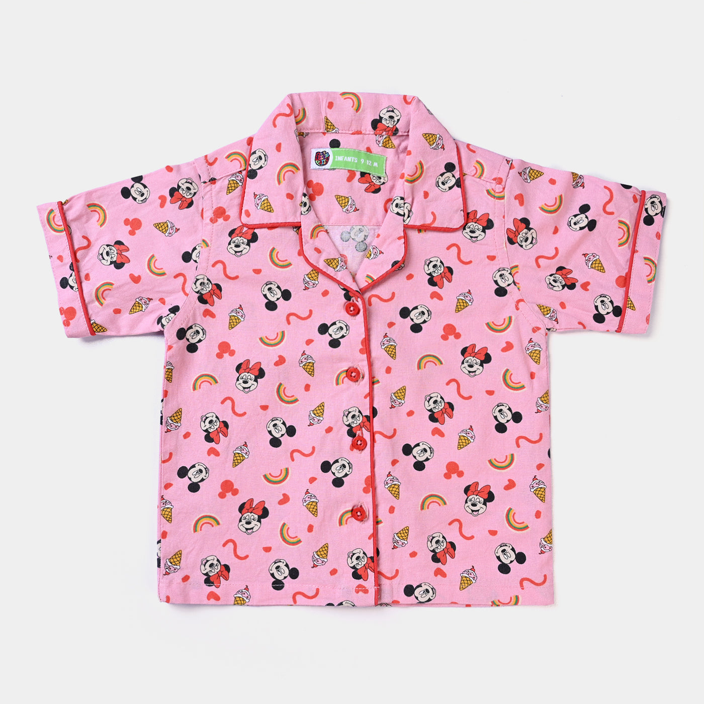 Infant Girls Cotton Woven Night Suit Character-Pink