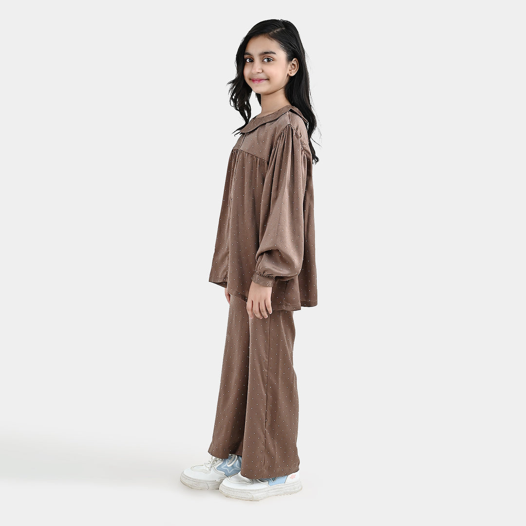 Girls Poly Viscose Co-Ord Set Brownie-BROWN