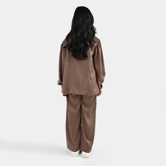 Girls Poly Viscose Co-Ord Set Brownie-BROWN