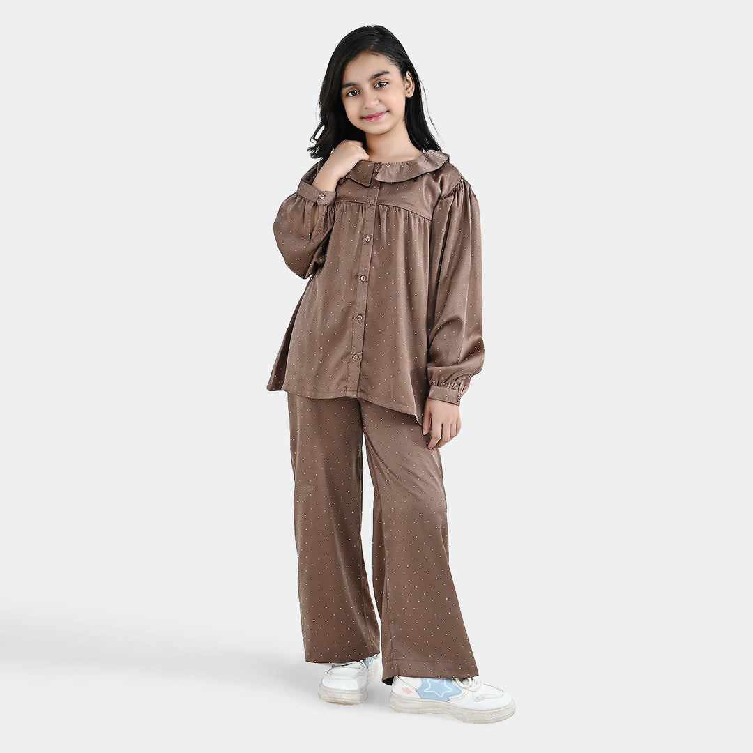 Girls Poly Viscose Co-Ord Set Brownie-BROWN