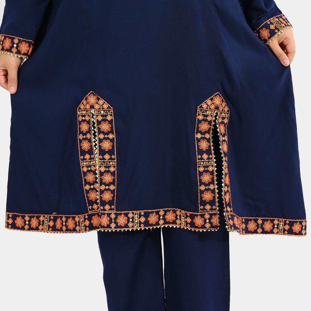 Girls Poly Cambric 3Pcs Suit - Navy Blue