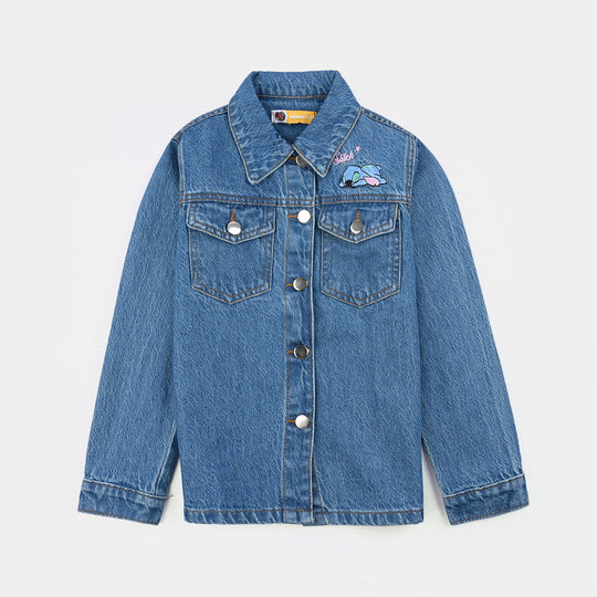 Girls Denim Stretch Jacket Stitch-Mid Blue