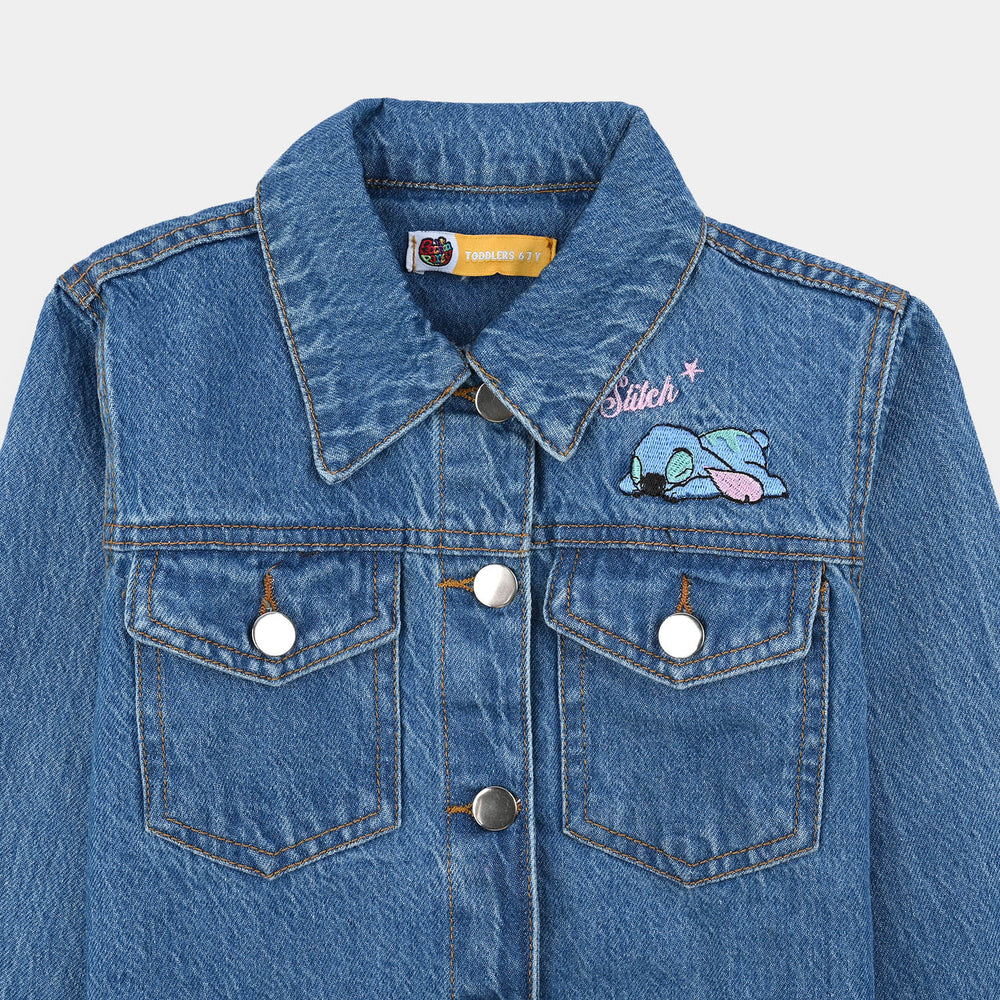 Girls Denim Stretch Jacket Stitch-Mid Blue
