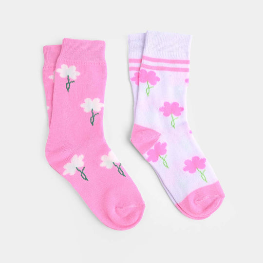 Girls Pack Of 2 Socks Flowers-Pink.White