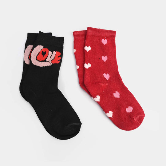 Girls Pack Of 2 Socks Hearts-Black.Red