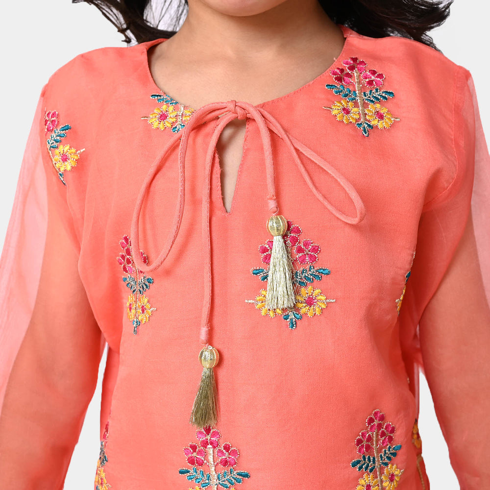 Girls Viscose 3PCs Suit Chatta Patti - Peach
