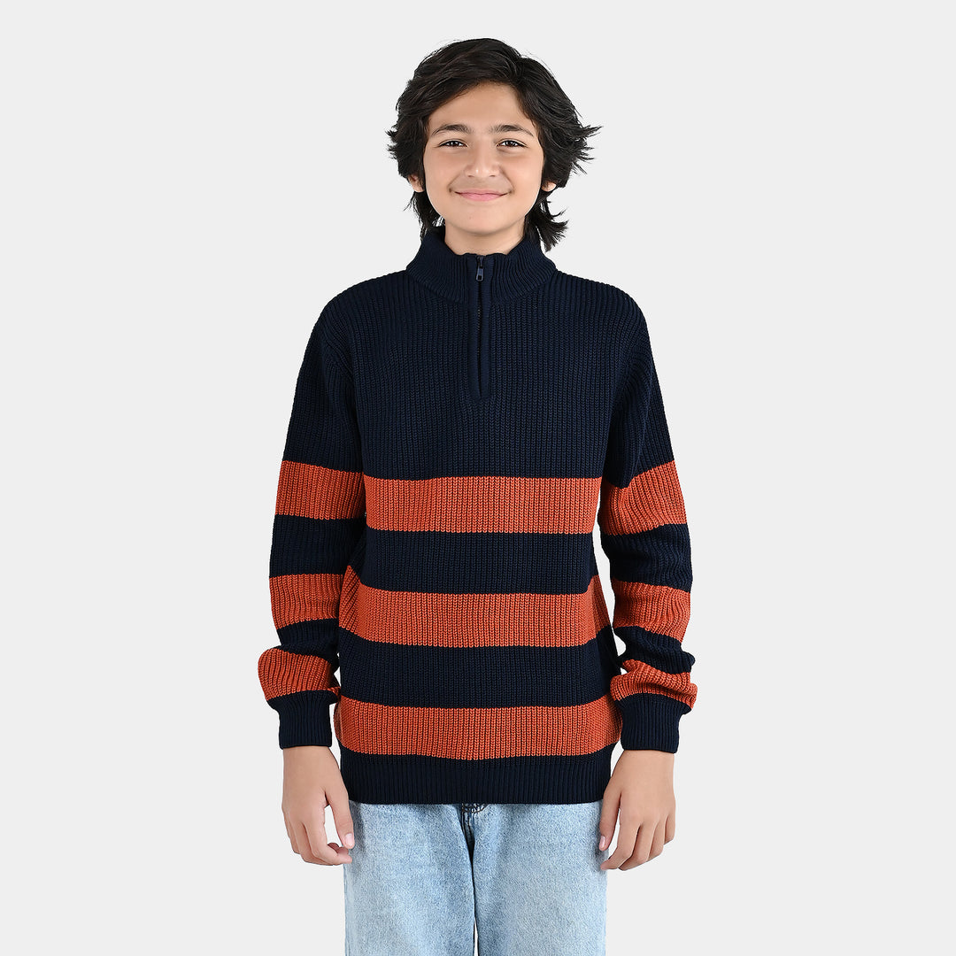 Boys Acrylic Sweater Stripe Mock - Red/Blue