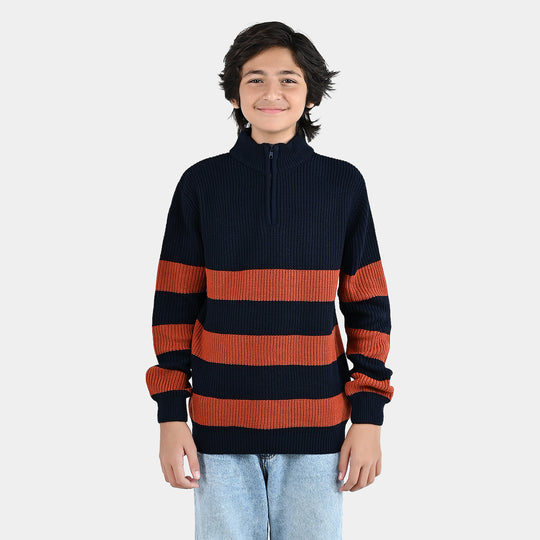 Boys Acrylic Sweater Stripe Mock - Red/Blue