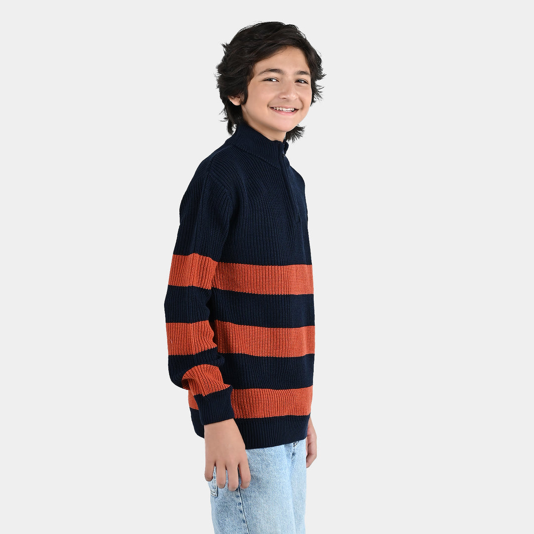 Boys Acrylic Sweater Stripe Mock - Red/Blue