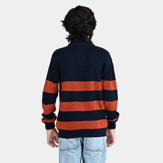 Boys Acrylic Sweater Stripe Mock - Red/Blue