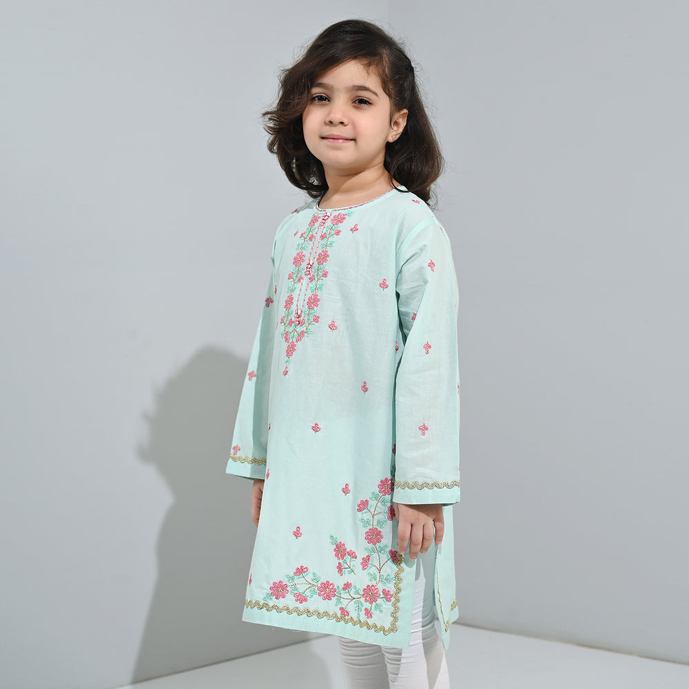 Girls Cotton Poplin Emb Kurti Zohra - Mint Green