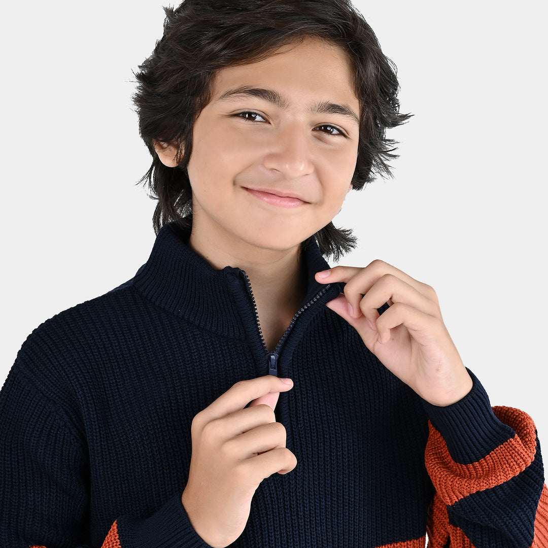 Boys Acrylic Sweater Stripe Mock - Red/Blue