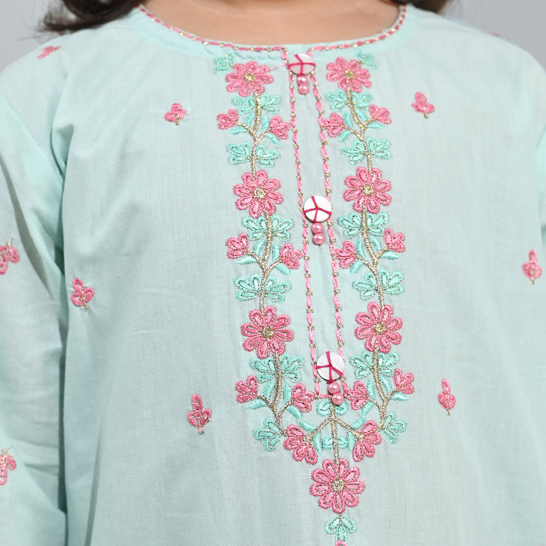 Girls Cotton Poplin Emb Kurti Zohra - Mint Green