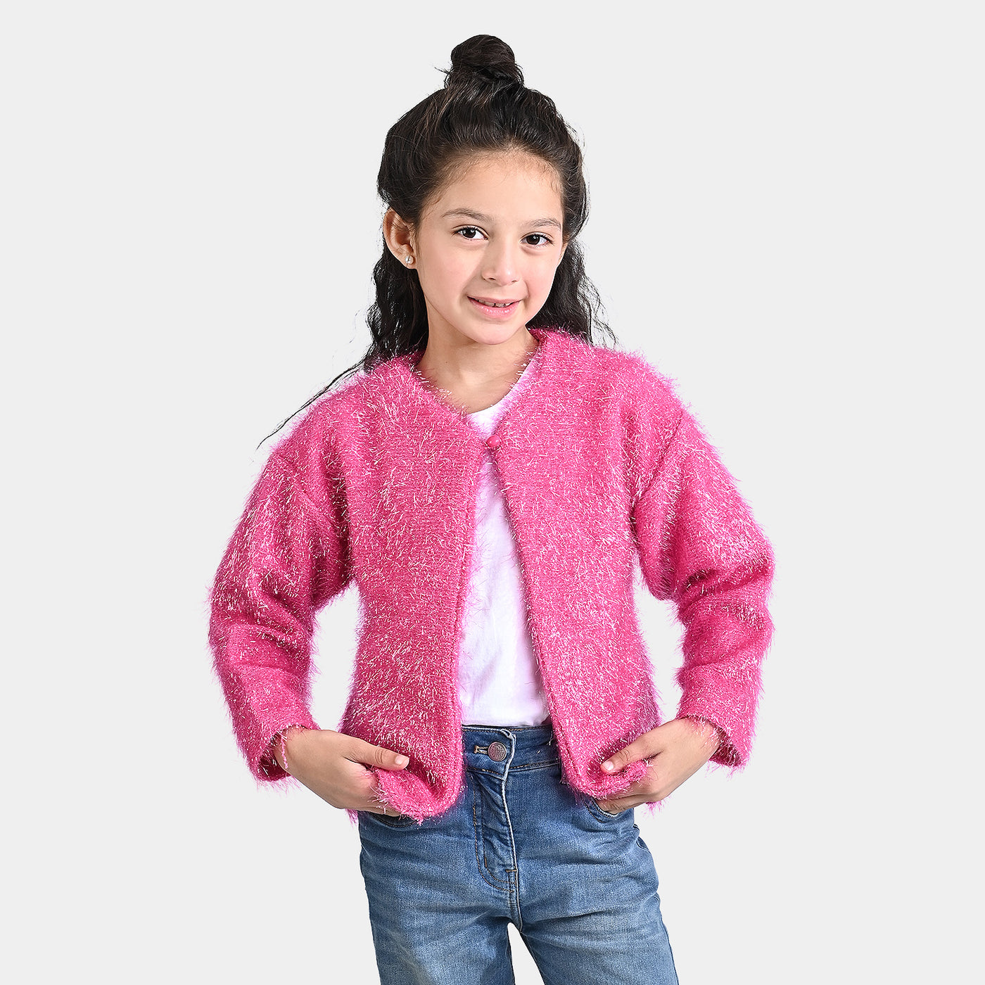 Girls Sherpa Knitted Jacket Party Star-Hot.Pink