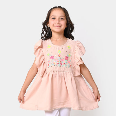 Girls Viscose Embroidered Top Sequence - Beige