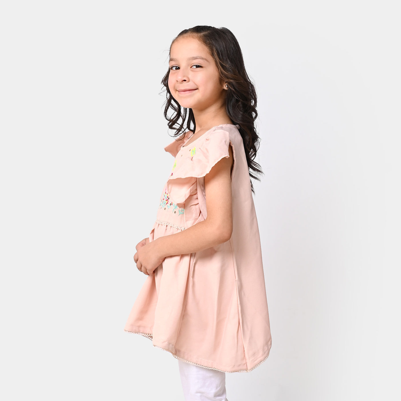 Girls Viscose Embroidered Top Sequence - Beige