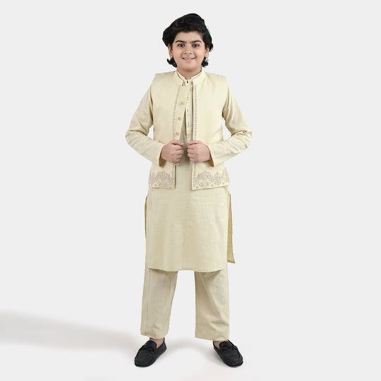 Boys Cotton Slub 3Piece Suit (Puff Print)-Beige