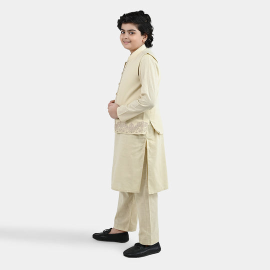 Boys Cotton Slub 3Piece Suit (Puff Print)-Beige